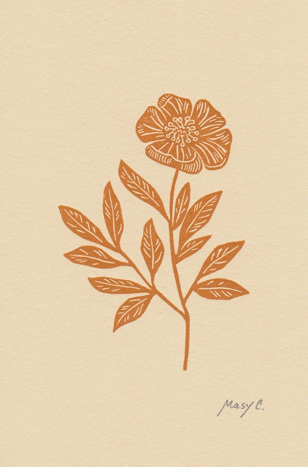 Small botanical block print - 4x6 neutral floral wall art - small
